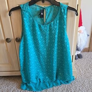 IZ Byer Womens Turquoise Sheer Geometric Pattern Sleeveless Tank Top Size M NWOT